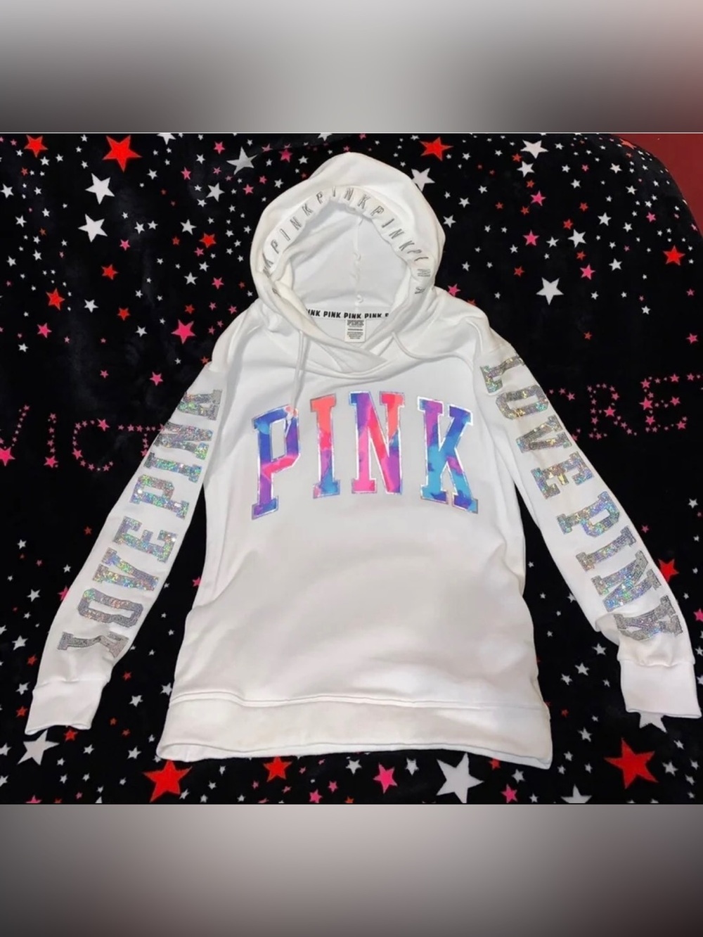 RARE !! Victoria's Secret pink New Pullover With waterfall Logo & sequence
